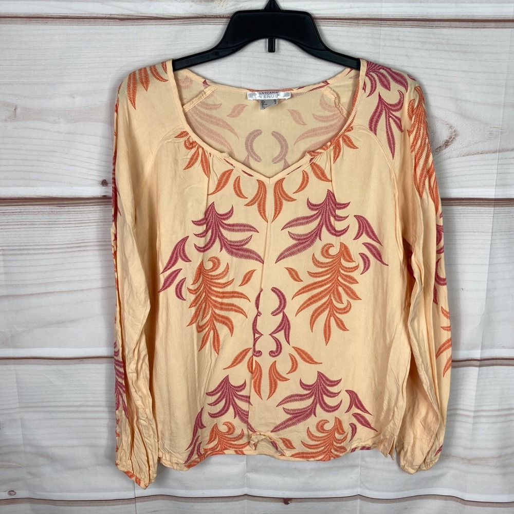 LASCANA Venus Top Womens XS Orange Floral Blouse V-Neck Long Sleeve Pullover